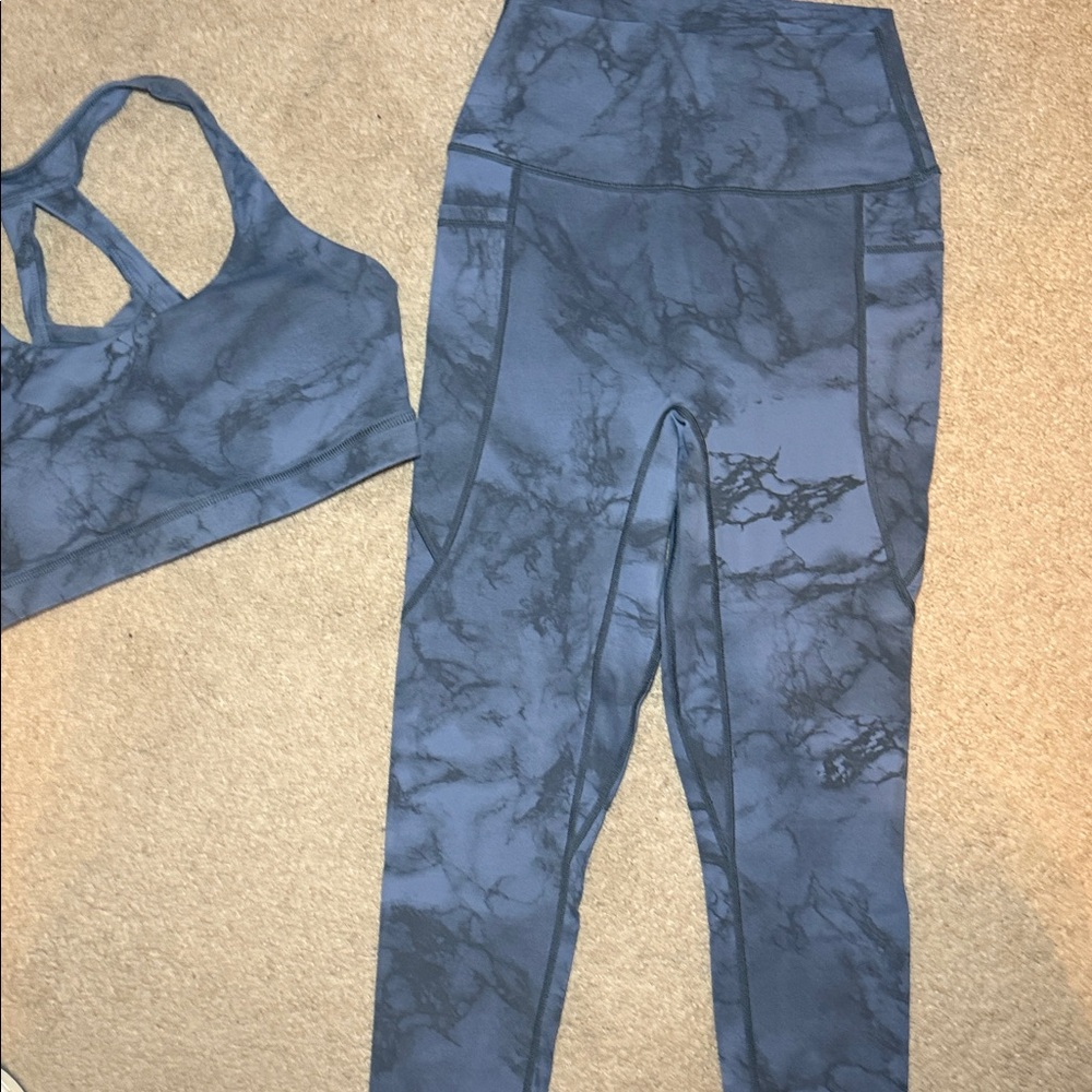 Women's Blue Marble Legging / sports bra set - Picture 2 of 5